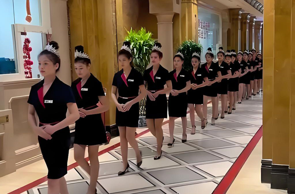 客服礼仪人员在酒店金色走廊列队行进，黑色红领制服统一着装